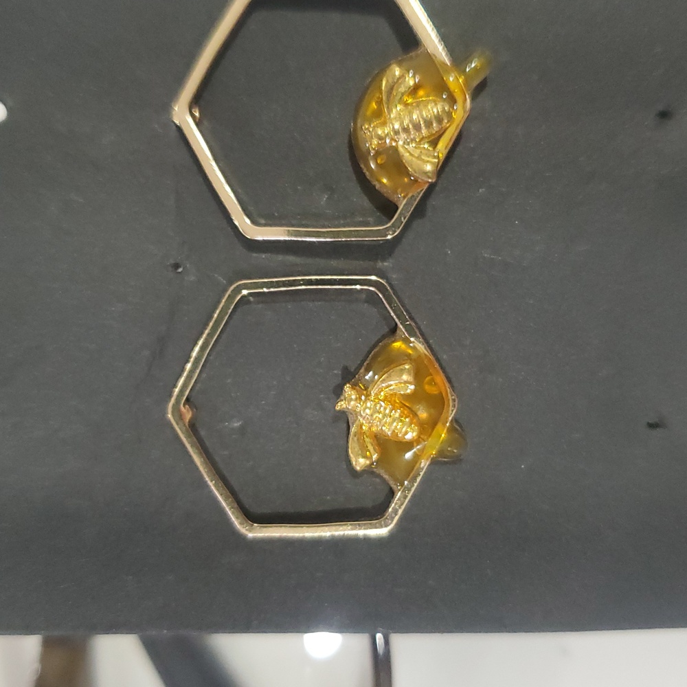 Hexagon Goldtone Bee Earrings - Picture 2 of 4